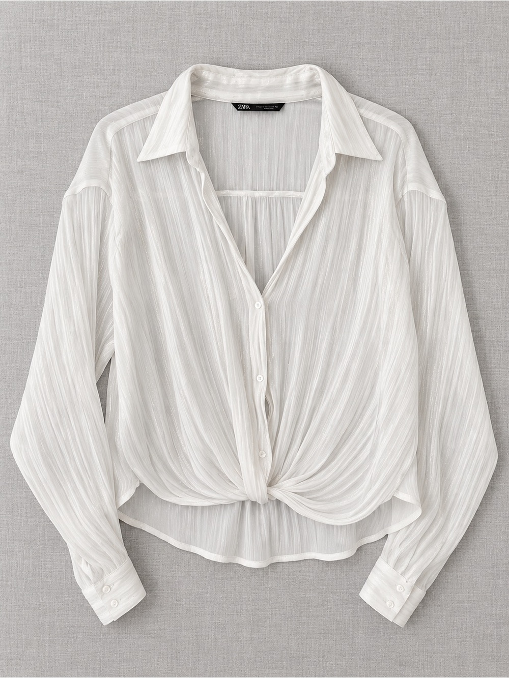 ZARA White Metallic Thread Front Knot Blouse Sheer Shimmer Shirt